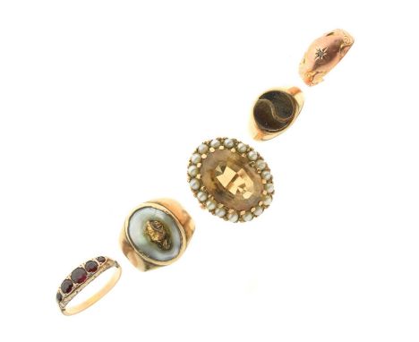 Five various rings, comprising a diamond set 9ct rose gold ring (shank cut), a large citrine and seed pearl cluster 9ct gold 