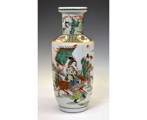 Chinese Canton Famille Verte porcelain rouleau vase, having a knopped cylindrical neck decorated with a landscape scene, over