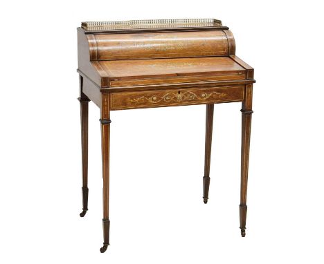 Edwardian rosewood inlaid roll top writing desk with gallery top, the draw-pull action opening the cylindrical top revealing 