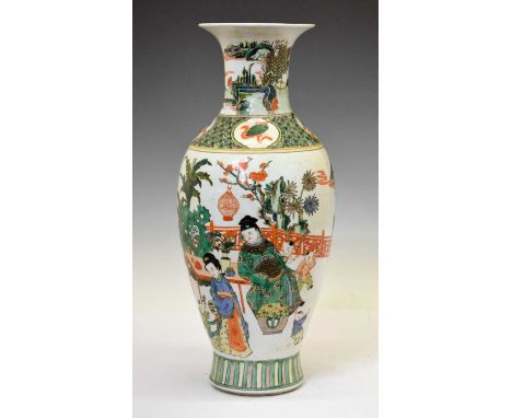 Chinese Canton Famille Verte porcelain vase of meiping or baluster form, the waisted neck decorated with a waterside landscap