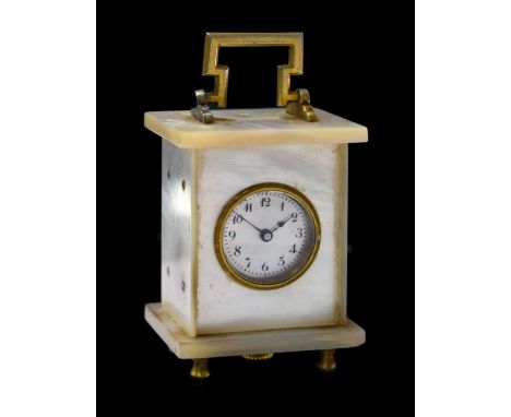 Mother-of-pearl miniature carriage clock, with 12mm silvered Arabic dial, the movement would from beneath, the case with fold