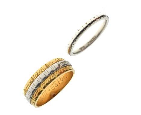 22ct gold and platinum textured wedding band, size L approx, and a narrow platinum wedding band, size I½ approx, 9.4g gross a
