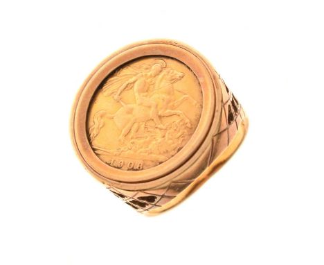 Edward VII gold half sovereign, 1908, in 9ct gold ring setting, 11.5g gross approx