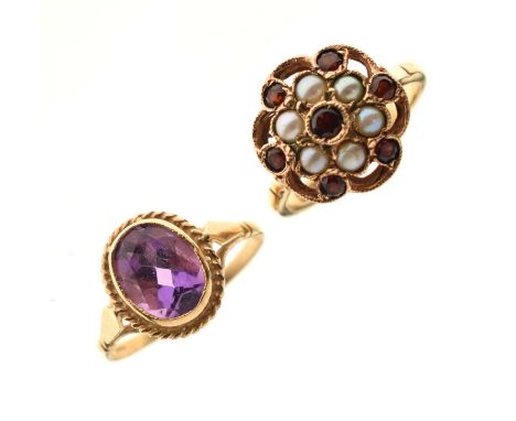 Garnet and pearl 9ct gold dress ring, size L approx, and an amethyst dress ring, hallmarks rubbed, size N approx, 5.2g gross 