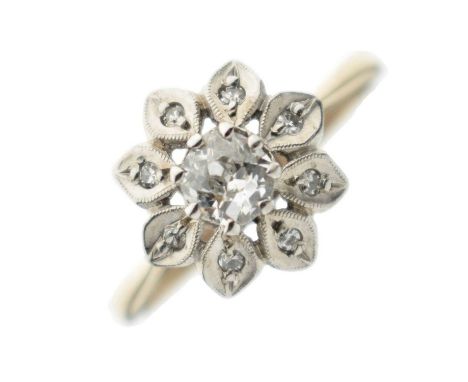 Diamond 9ct gold flower cluster ring, the central diamond 0.30ct approx estimated, single cuts to the petals, size P approx, 