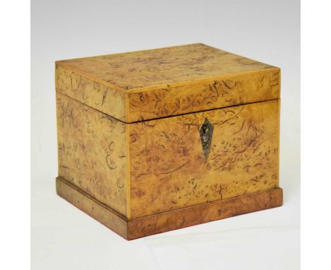 19th century burr walnut square tea caddy, each tea canister with lid, 17cm x 13.5cm x 13.5cm high