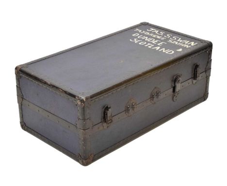 20th century British made vintage travel wardrobe trunk, in the manner of Watajoy with fitted interior, 54cm x 36.5cm x 103cm