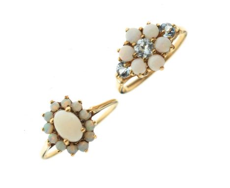Opal cluster 9ct gold ring, size R approx, and an opal and blue stone cluster 9ct gold ring, size Q approx, 4.6g gross approx