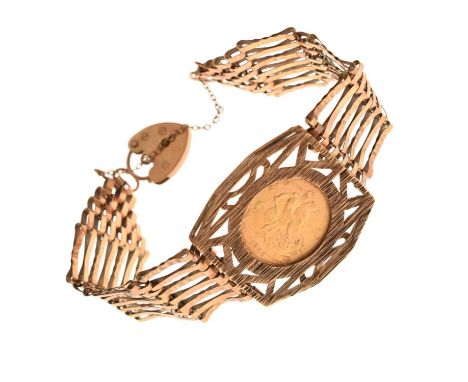 Elizabeth II gold sovereign, 1966, encased in a 9ct gate-link bracelet, 28.8g gross approx