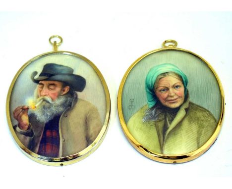 William Bennett - Pair of oval portrait miniatures painted on ivory - Lady in a green headscarf and gentleman lighting a ciga