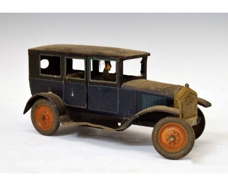 Early 20th century Bing tinplate clockwork saloon motorcar/automobile with driver, the car in navy blue with turquoise detail