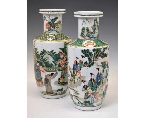 Two similar Chinese Canton Famille Verte porcelain rouleau vases, each having a knopped cylindrical neck decorated with a lan