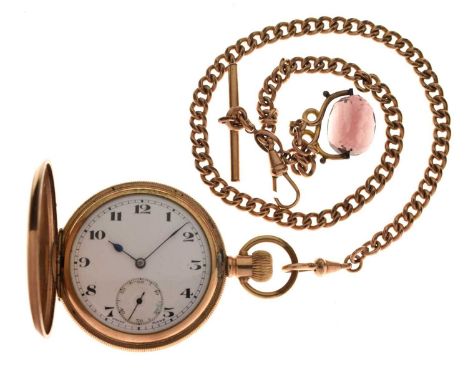 Gentleman's gold plated full hunter pocket watch, the white enamel Arabic dial with seconds subsidiary and blued steel spade 