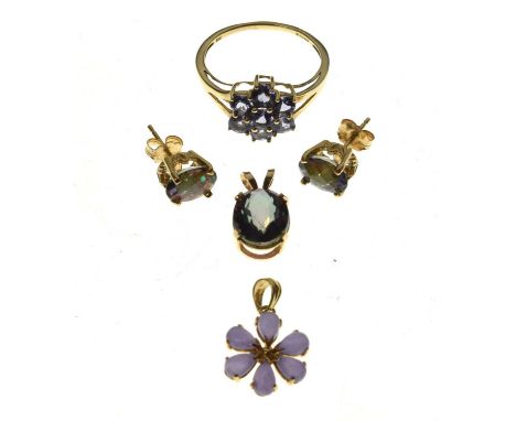 Mystic topaz 14ct gold pendant and matching stud earrings, together with a purple jade 14ct gold flower head pendant, and a t