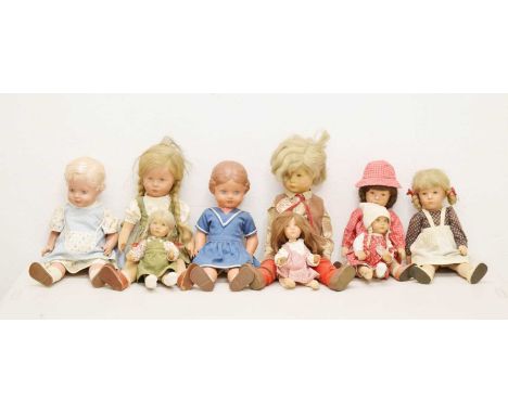 Seven Kathe Kruse mid 20th century German dolls, and two Schildkrote dolls, 47cm high and smaller (9)