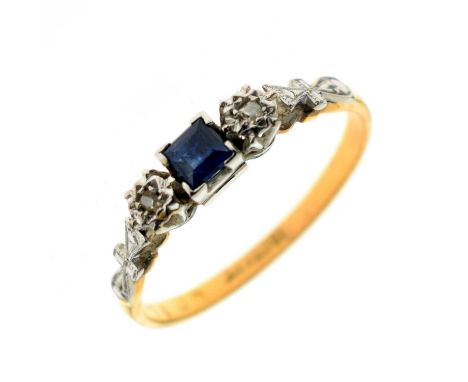 Sapphire and diamond dress ring, stamped '18ct &amp; Pt', the square cut sapphire with two illusion set diamonds, size P appr