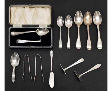 Collection of 20th century silver flatware to include sugar tongs, child's pusher set, teaspoons, knife, etc, various London,