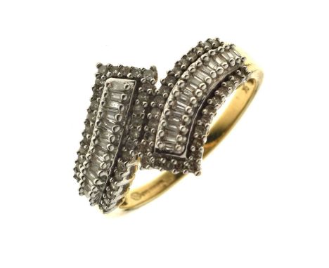 Multi-stone crossover cluster 9ct gold ring, comprising baguette and single cut diamonds, size T approx, 3.4g gross approx