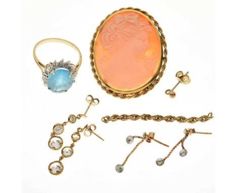 9ct gold framed shell cameo pendant brooch, a 9ct gold gem set dress ring, and two pairs of 9ct gold drop earrings set white 