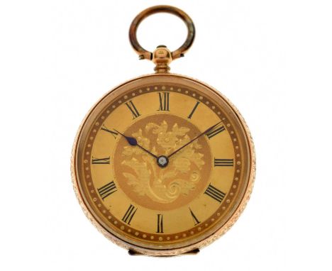 Late Victorian lady's 14ct gold open-face pocket watch, the gilt chapter ring Roman dial enclosing engraved floral centre, wi
