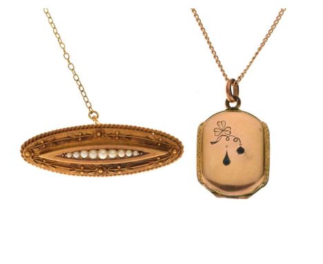 Victorian seed pearl navette 15ct gold brooch, 4.4cm long approx, 5.6g gross approx, and a yellow metal locket pendant with a