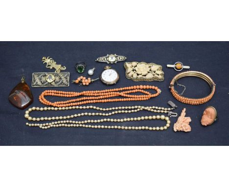 Small quantity of vintage jewellery to include; silver fob watch, coral jewelelry, faux pearl necklace, brooches, an articula