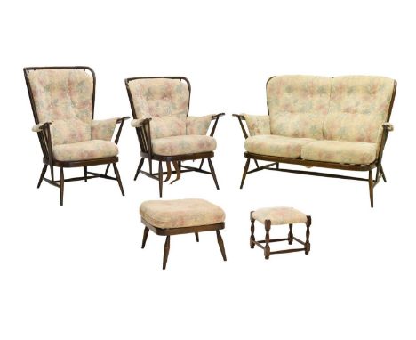 Ercol - Three piece Windsor spindle back lounge suite comprising; two seater sofa, 110cm (seats widest point) x 89cm high, an