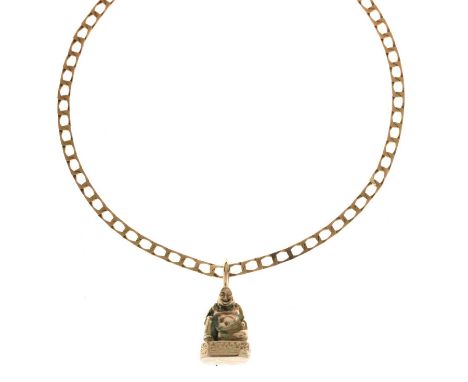 Filed curb link 9ct gold necklace, 72cm long approx, and a small cast 9ct gold Buddha charm, (hallmarks rubbed), 11g gross ap