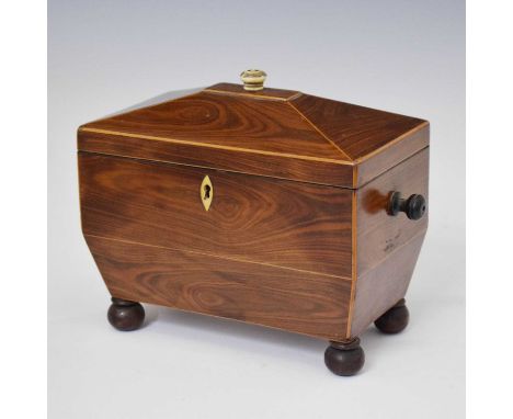 19th century rosewood and string inlay sarcophagus tea caddy, the two canisters both with rosewood lids, raised on ball feet,