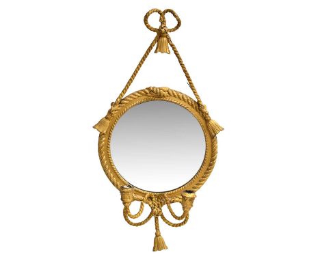 19th century giltwood and gesso girandole mirror, the circular plate within moulded rope twist frame with two scrolling candl