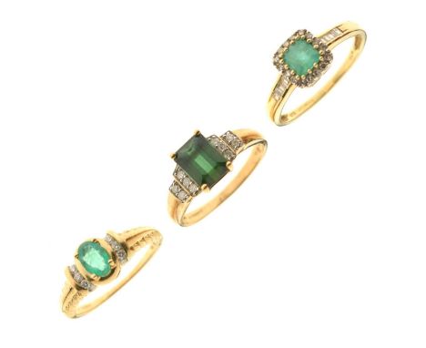 Three gem-set 9ct gold rings, comprising two emerald and diamond cluster rings, and a green tourmaline-coloured stone and dia