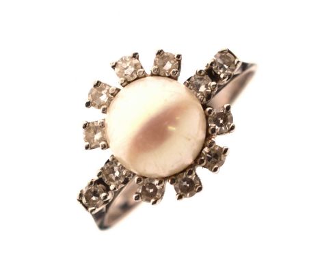 Cultured pearl and diamond 14ct white gold dress ring, the pearl 8mm diameter approx, having four single cut diamonds above a