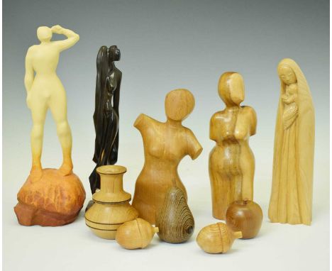 Group of treen and other carved wooden items, to include: signed Robert Hirstwood figure, 'The Man finally looked up'; Madonn