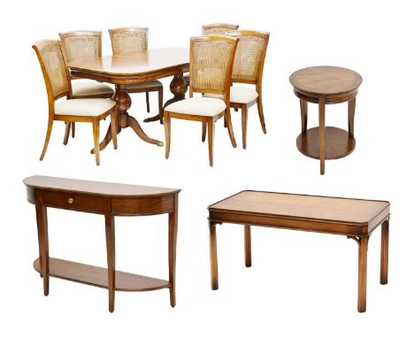 'Furniture World' reproduction mahogany twin pedestal dining table with extra leaf, six double caned dining chairs, console t