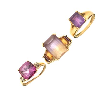Three 9ct gold gem-set dress rings, including ametrine, amethyst and another purple-stone ring (a/f), 11.8g gross approx (3)