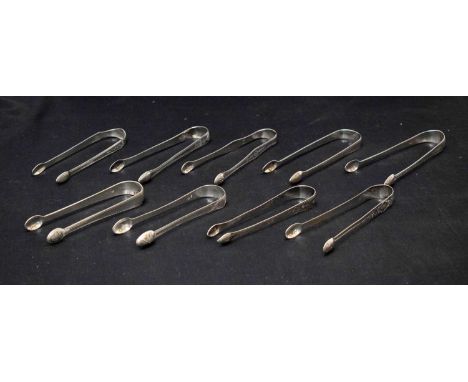 Nine pairs of George III silver sugar tongs each with bright-cut decoration, various sponsors' marks to include William Turto