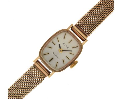 Avia - Lady's Incabloc 1970s 9ct gold bracelet watch, the silvered dial with applied gilt baton hour markers, unsigned 17 jew
