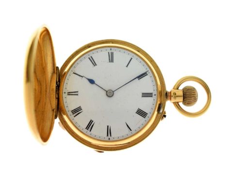 Late Victorian 18ct gold full hunter small pocket watch, R.C Oldfield, Liverpool, the white enamel Roman dial having blued st