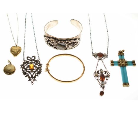 Group of Victorian and later jewellery comprising two white metal necklaces each set orange paste stones, one also set with p