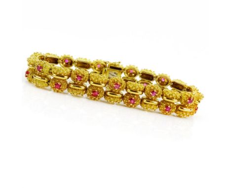 Vintage Tiffany & Co Approx. 3.0 Carat Burma Ruby and 18 Karat Yellow Gold Bracelet. Signed Tiffany & Co, 18K. Rubies with vi