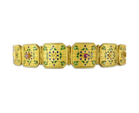 Rare Antique Byzantine style 18 Karat Yellow Gold Hinged Link Bracelet accented with Four Cabochon Rubies and Enamel. Stamped