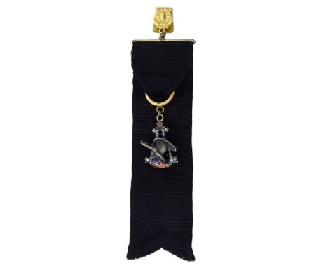 Antique Victorian 14 Karat Yellow Gold and Sterling Silver Anheuser Busch Eagle Fob accented with Rose Cut Diamonds, Ruby and