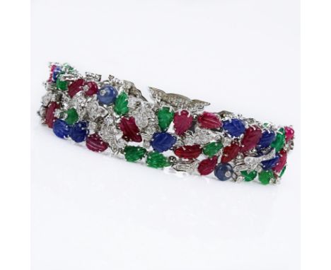 55.50 Carat Carved Emerald, Ruby and Sapphire and 9.15 Carat Round Brilliant Cut Diamond and 18 Karat White Gold Tutti Frutti