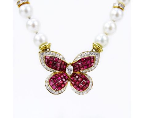 Vintage White Pearl, Approx. 5.75 Carat Round Cut Diamond, 4.25 Carat Invisible Set Square Cut Ruby and 18 Karat Yellow Gold 