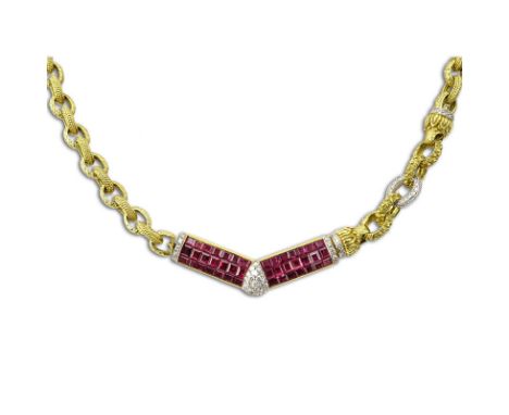 Circa 1960s Finely Made Approx. 8.0 Carat Invisible Set Square Cut Burma Ruby, 1.0 Carat Round Cut Diamond and Heavy 18 Karat