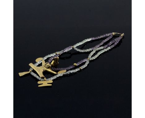 Modern and Pre-Columbian Bead and Gold Necklace. Comprised of two strands of modern amethyst and quartz beads with pre-Columb