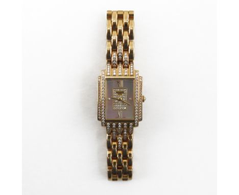 Lady's Patek Philippe 18K Yellow Gold and 1.30 Carat Pave Set Diamond Gondola Quartz Movement Bracelet Watch with Mother of P
