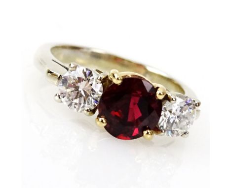 Vintage Approx. 1.99 Carat Round Brilliant Cut Ruby, .90 Carat Round Brilliant Cut Diamond and 18 Karat Yellow and White Gold