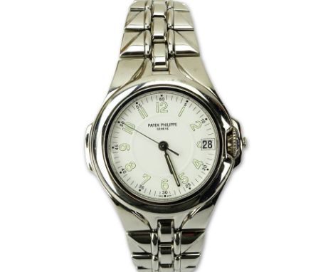 Man's Patek Philippe Sculpture White Dial 5091/1a-001 Rhodium Plated Stainless Steel Automatic Movement Bracelet Watch. Movem