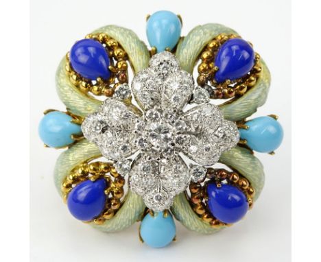 Circa 1960s Large Approx. 4.40 Carat Diamond, Turquoise, Enamel, Lapis and 18 Karat Yellow Gold Brooch. Diamonds E-F color, V